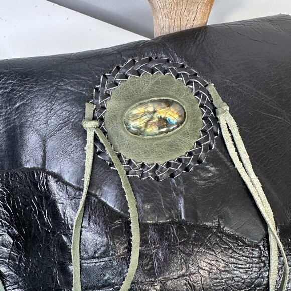 FPP Handmade Black Genuine Leather Crossbody Purse Boho Western Fringe Stone - Picture 5 of 13